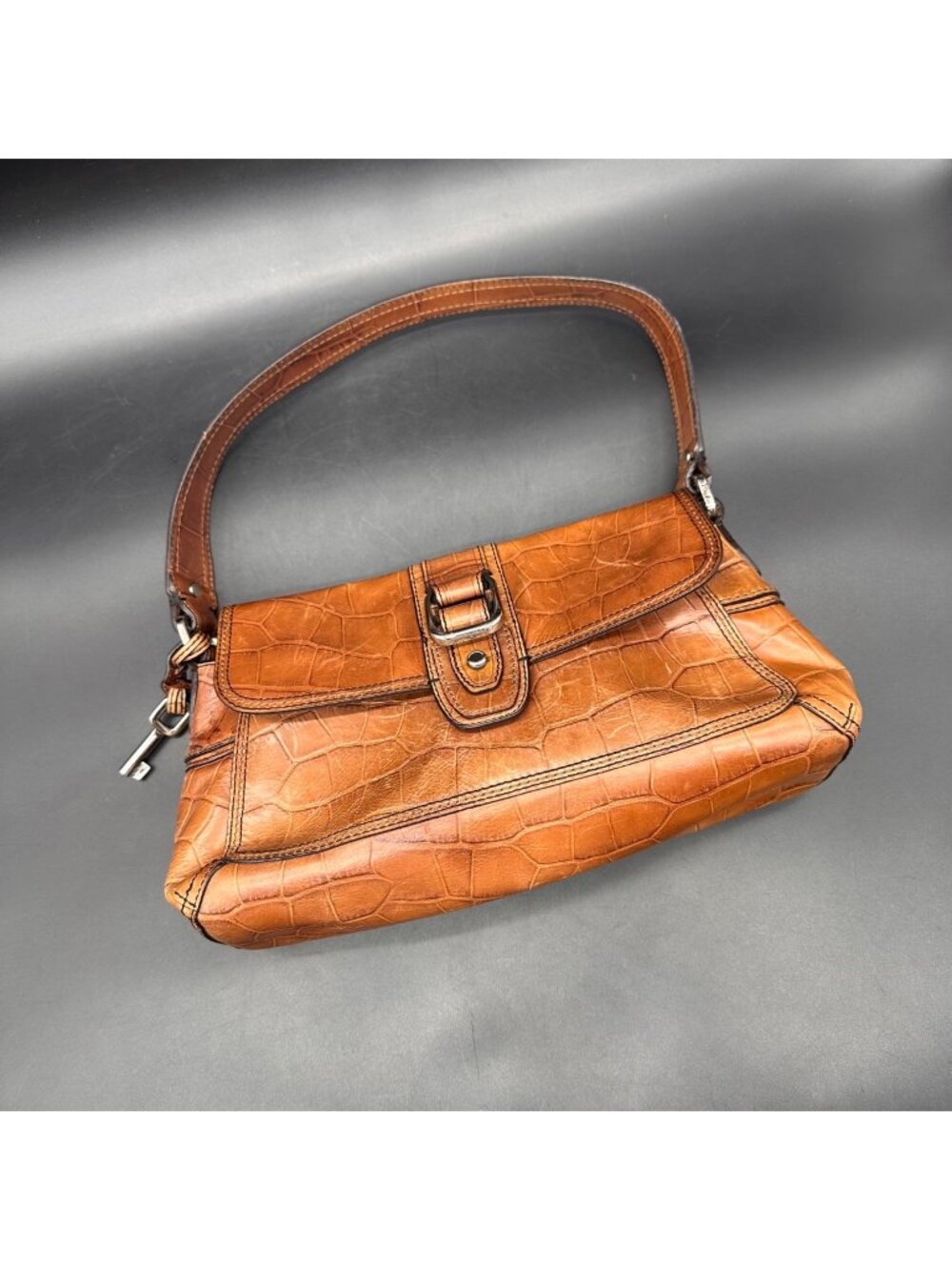 Fossil Croc Embossed Leather Purse Shoulder Bag Buckle Accent Brown Y2K READ